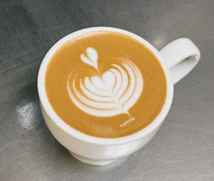 Flat white with silky microfoam and latte art in a white ceramic cup